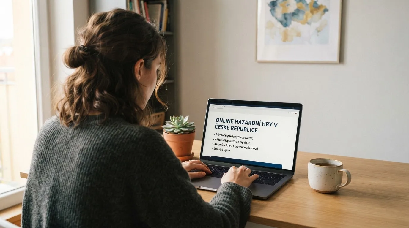 Člověk u notebooku čte informační stránku o online hazardu v Česku — 30, 50, 100, 150 free spinů bez vkladu