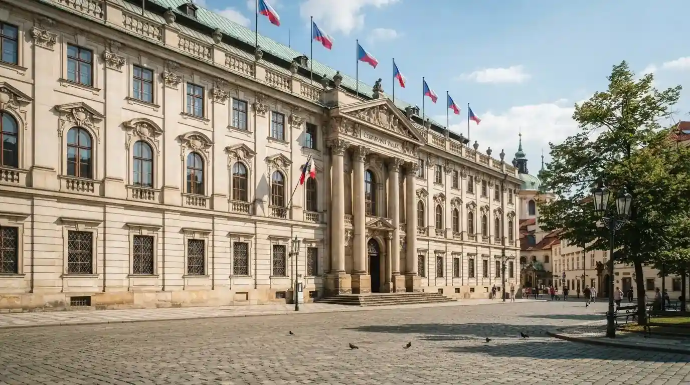 Historická úřední budova s vlajkami na slunečném náměstí — 50, 100, 150, 200 free spins za první vklad