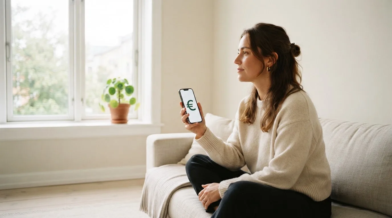 Žena v obývacím pokoji drží telefon a zamyšleně hledí z okna za dne.