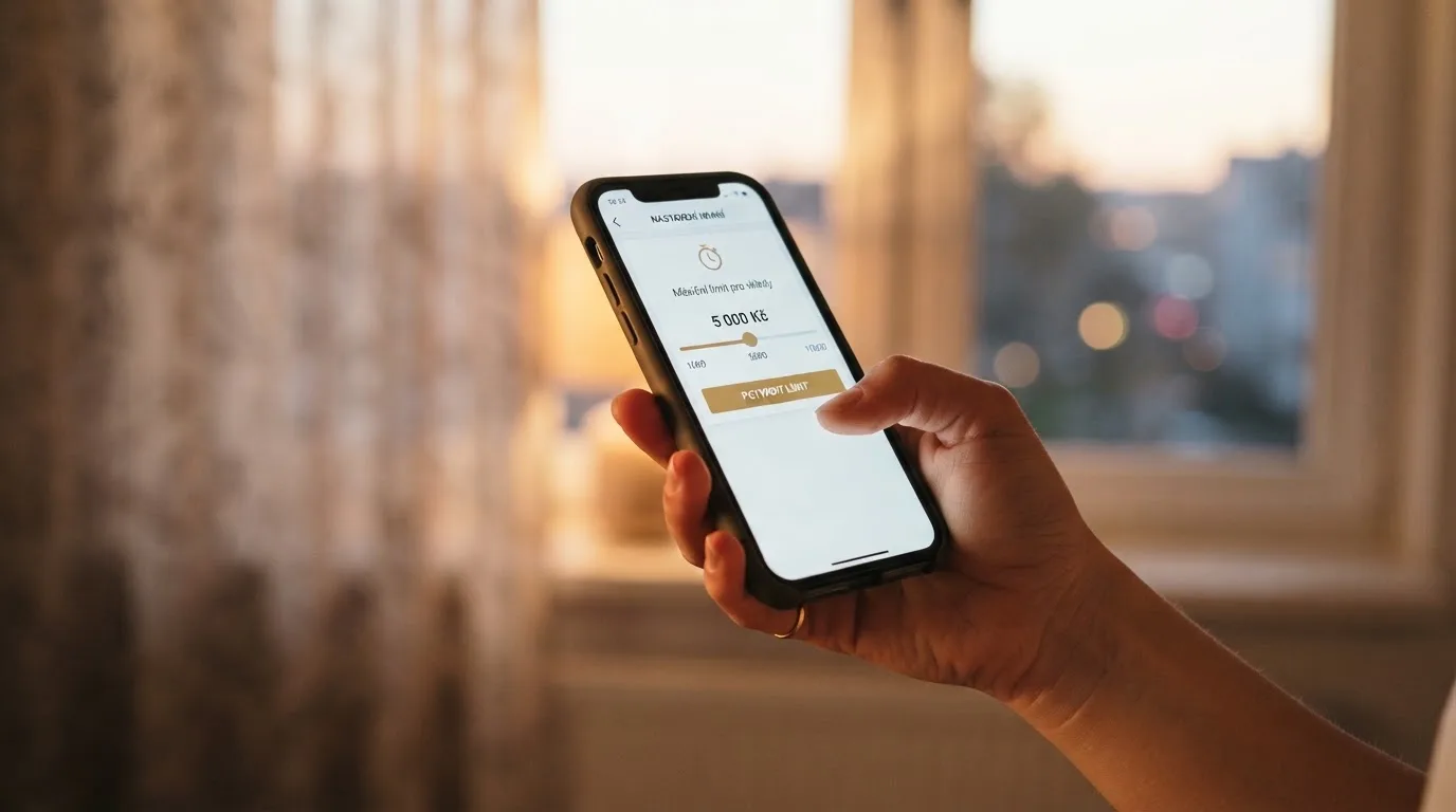 Ruka drží chytrý telefon u okna, klidné večerní světlo — bezpečné zahraniční casino pro české hráče