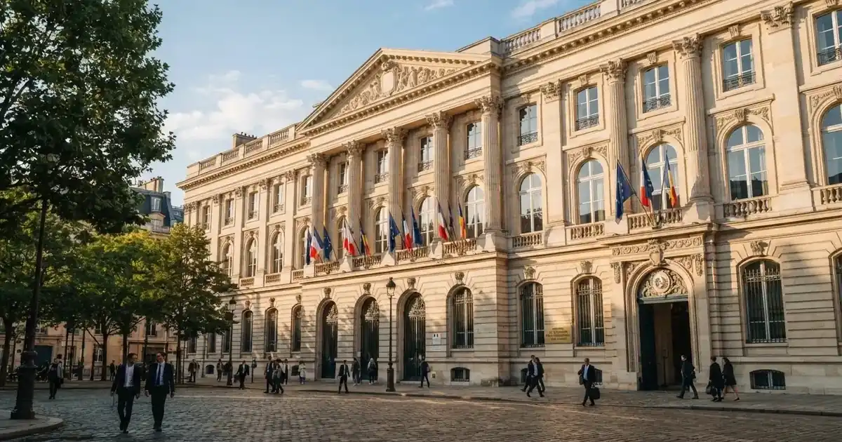 Historická úřední budova s vlajkami na slunečném náměstí — bezpečné zahraniční casino pro české hráče