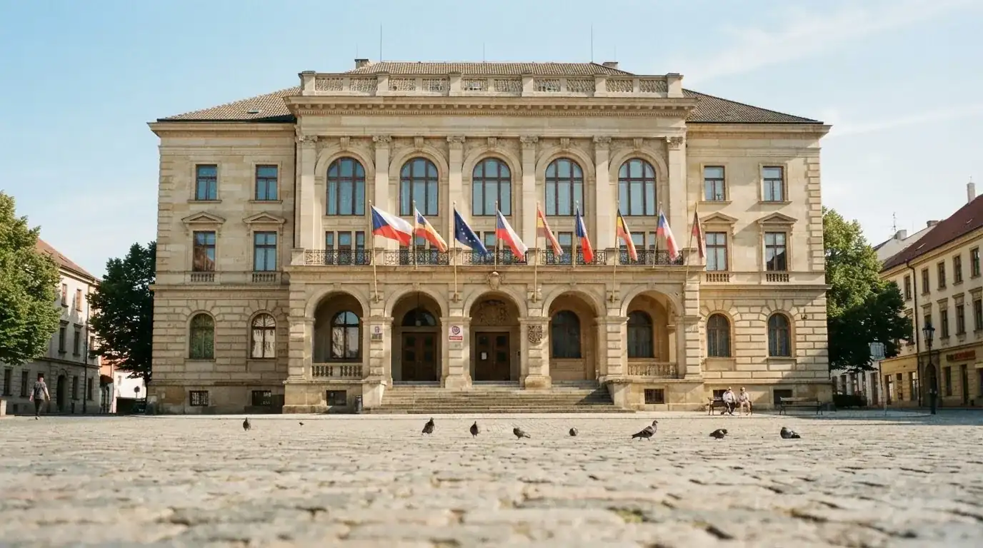 Historická úřední budova s vlajkami na slunečném náměstí — bonus za založení účtu casino