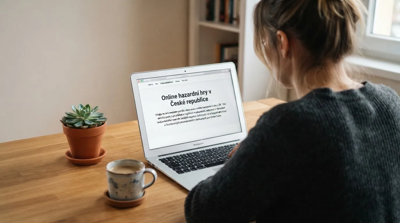 Člověk u notebooku čte informační stránku o online hazardu v Česku — bonus za založení účtu casino