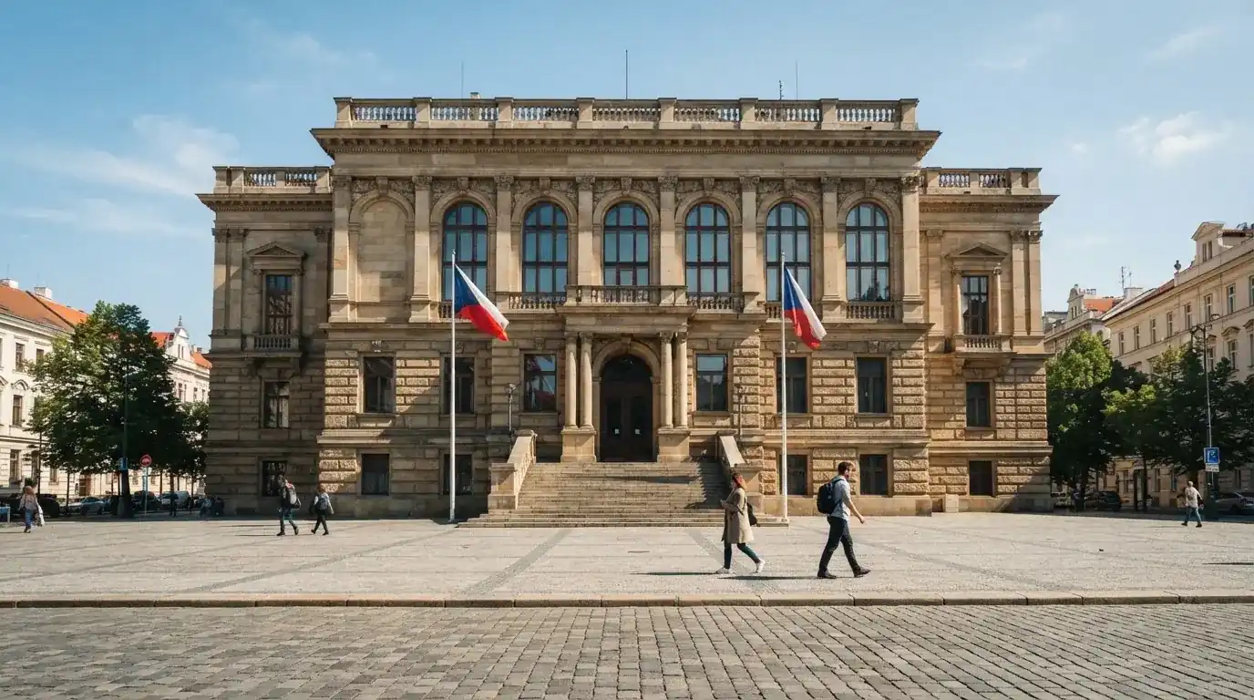 Historická úřední budova s vlajkami na slunečném náměstí — casina bez nutnosti vkladu s bonusem