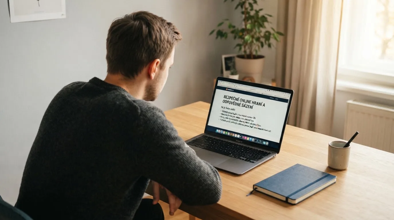 Člověk u notebooku čte informační stránku o online hazardu v Česku — casina bez nutnosti vkladu s bonusem