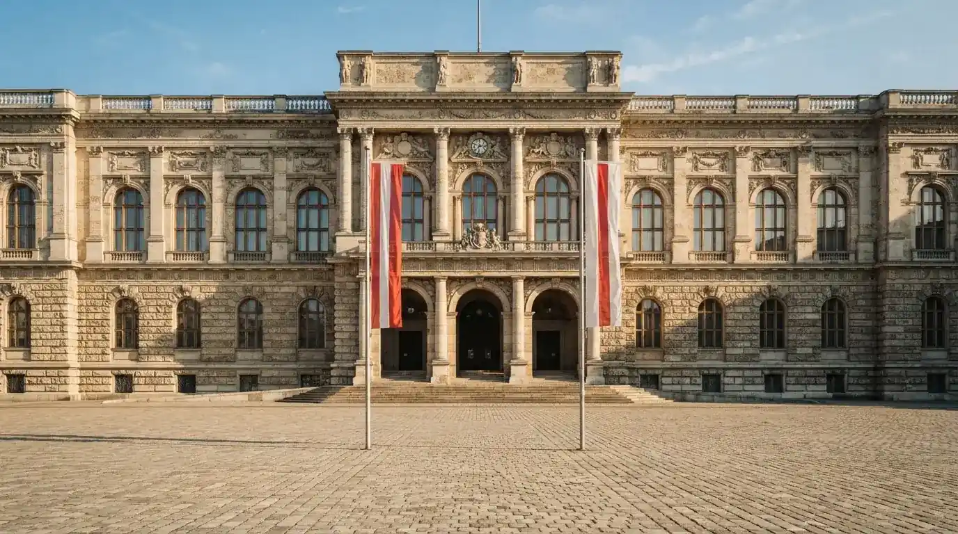 Historická úřední budova s vlajkami na slunečném náměstí — casina online bez ověření totožnosti