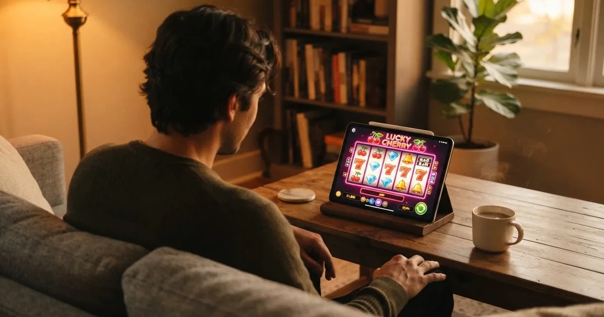Hráč na gauči s tabletem, šálek kávy na stolku, teplé světlo — casina promo kód bez vkladu