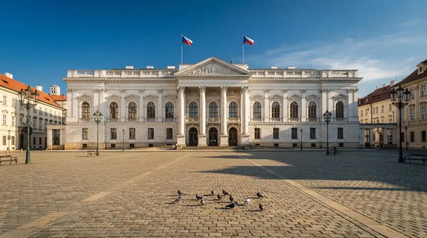 Historická úřední budova s vlajkami na slunečném náměstí — casina promo kód bez vkladu