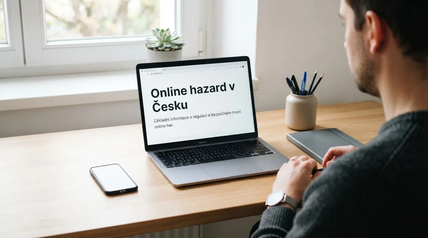 Člověk u notebooku čte informační stránku o online hazardu v Česku — casina promo kód bez vkladu