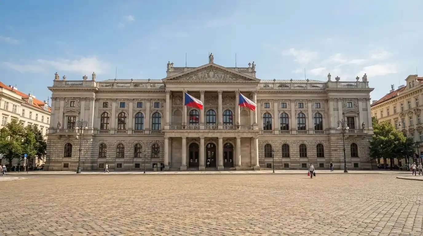 Historická úřední budova s vlajkami na slunečném náměstí — casino minimální vklad 1, 5, 10 euro
