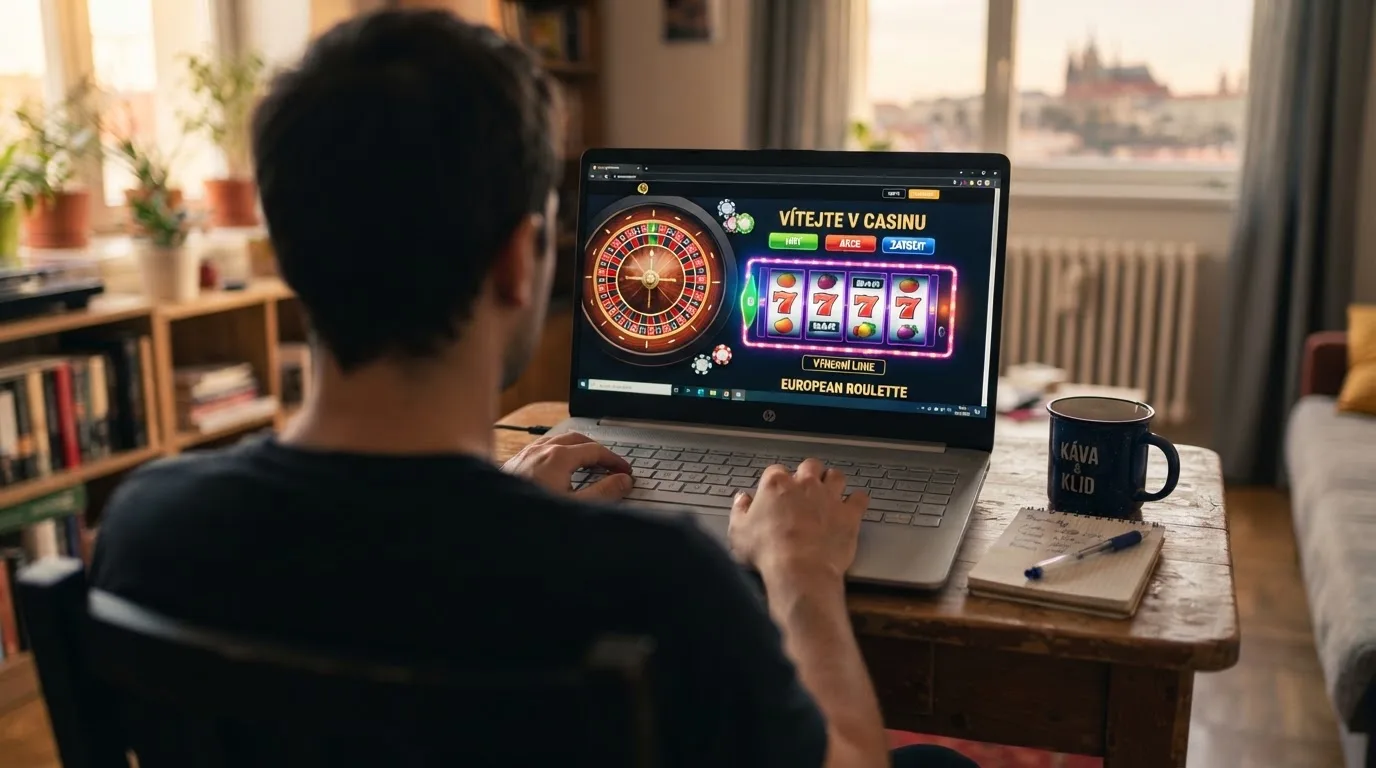 Člověk u notebooku čte informační stránku o online hazardu v Česku — casino minimální vklad 1, 5, 10 euro