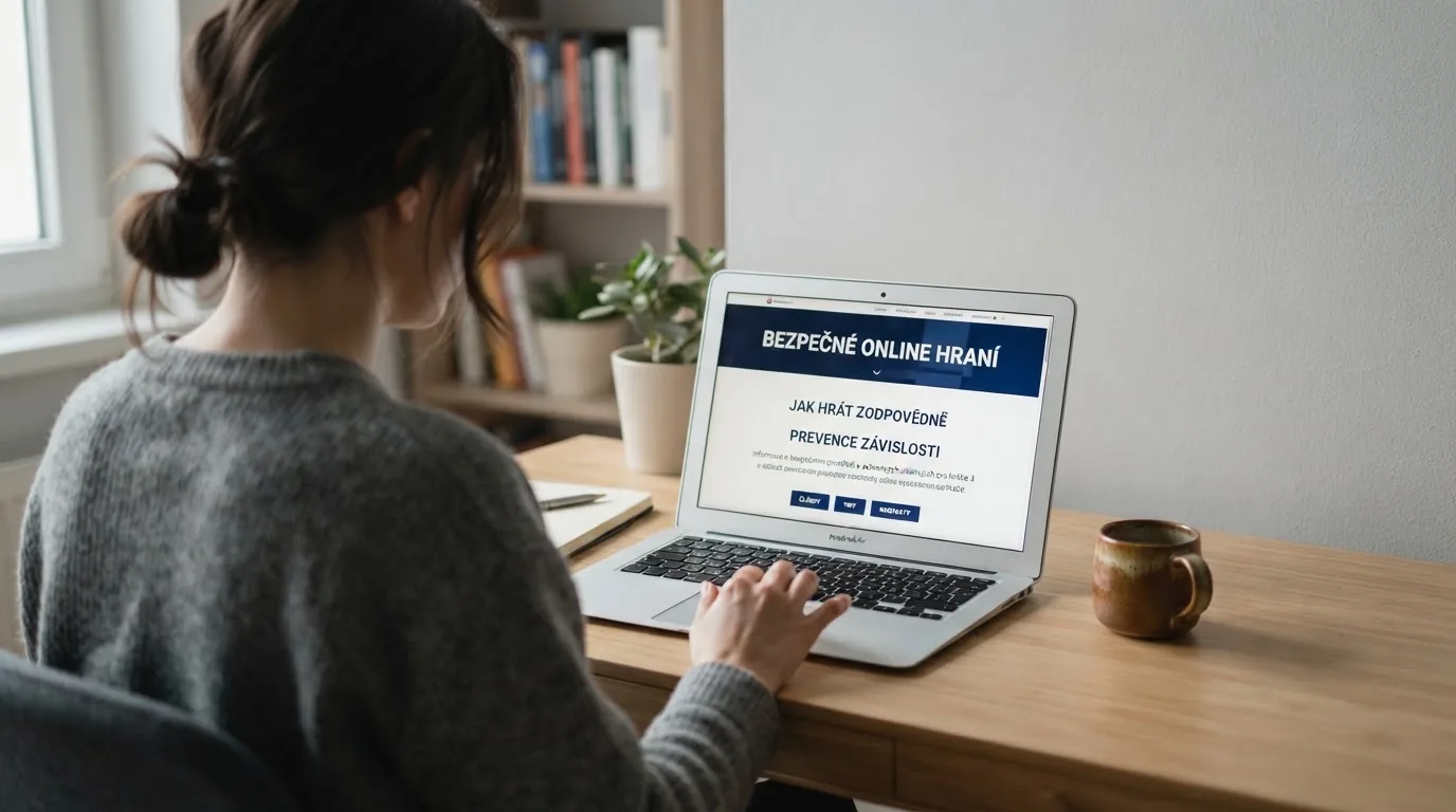 Člověk u notebooku čte informační stránku o online hazardu v Česku — casino minimální vklad 100 kč