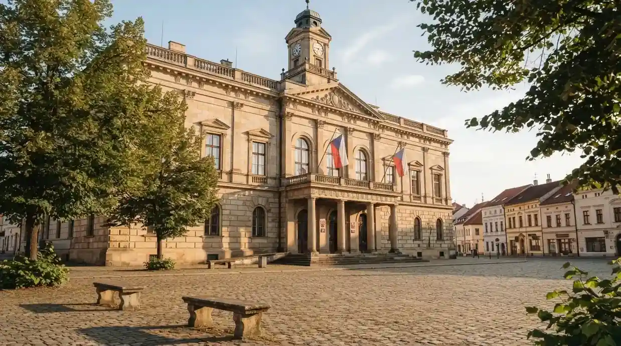 Historická úřední budova s vlajkami na slunečném náměstí — casino okamžitý výběr