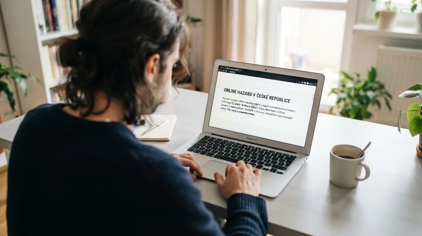 Člověk u notebooku čte informační stránku o online hazardu v Česku — casino platba paysafecard