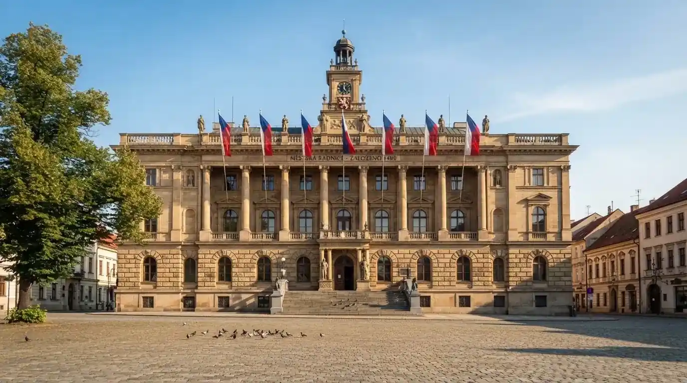 Historická úřední budova s vlajkami na slunečném náměstí — hrací automaty hrací automaty zdarma online