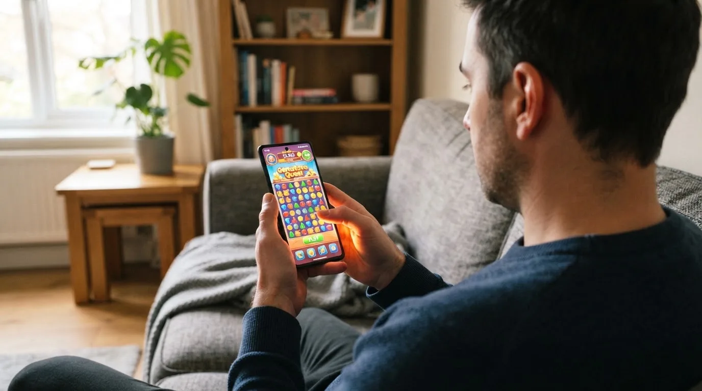 Muž sedí na gauči a poprvé otevírá herní aplikaci na chytrém telefonu.
