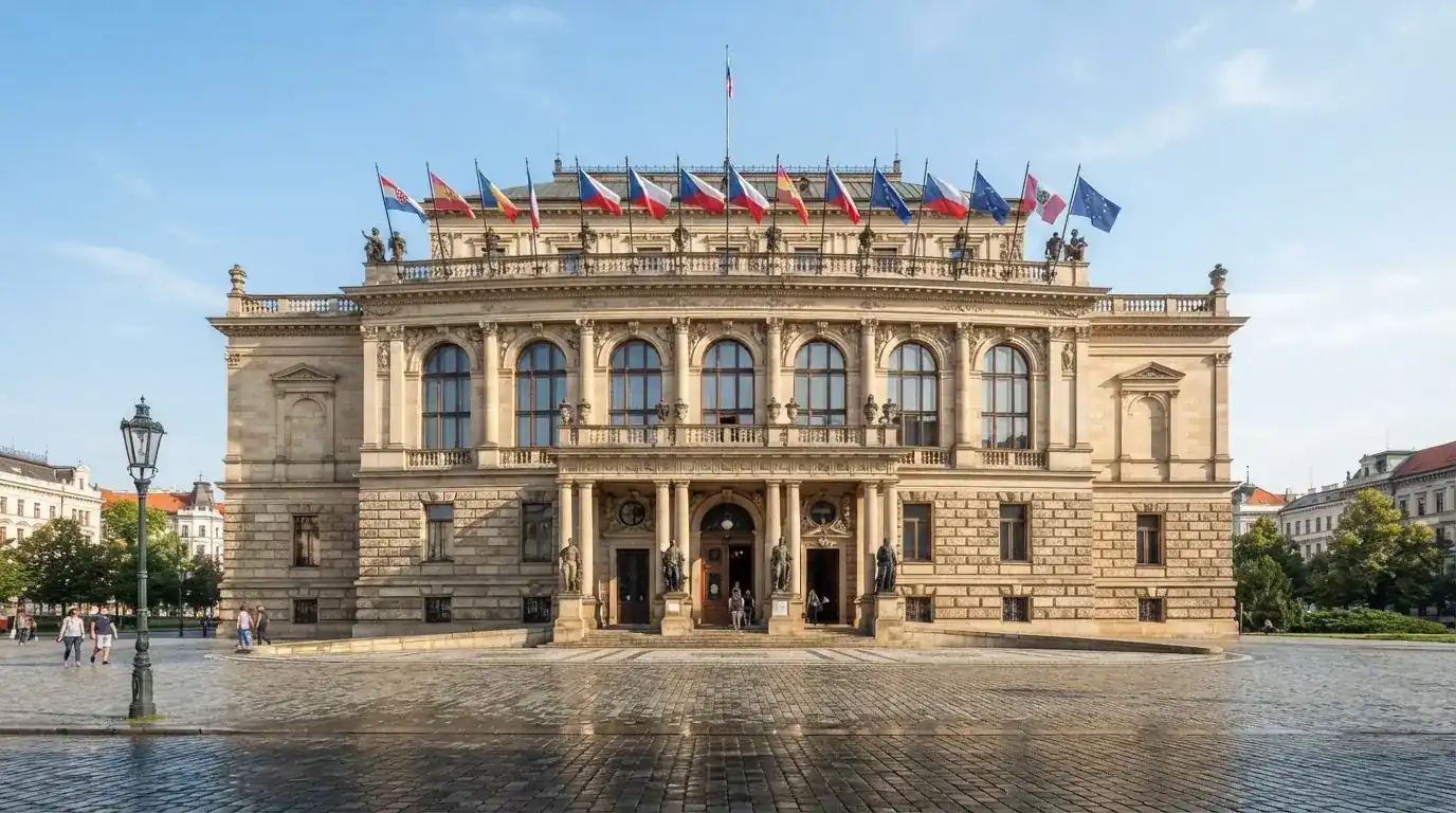 Historická úřední budova s vlajkami na slunečném náměstí — live blackjack pro české hráče