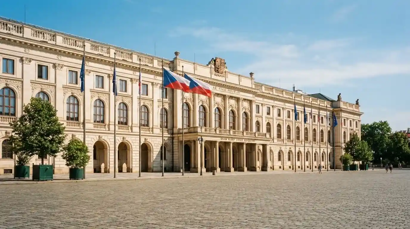 Historická úřední budova s vlajkami na slunečném náměstí — live ruleta CZ s česky mluvícími krupiéry