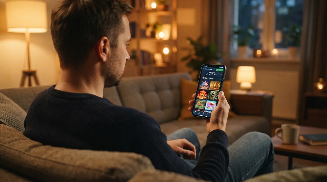 Muž sedí na gauči a poprvé otevírá aplikaci na chytrém telefonu večer.