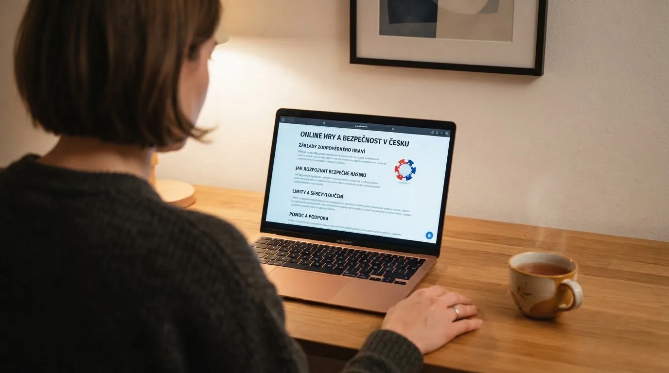 Člověk u notebooku čte informační stránku o online hazardu v Česku — nejlepší automaty online za peníze