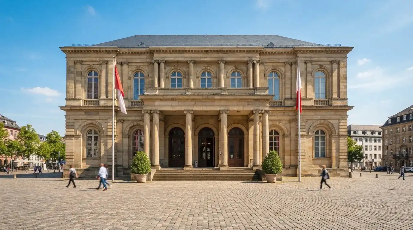Historická úřední budova s vlajkami na slunečném náměstí — nejlepší krypto kasina cz