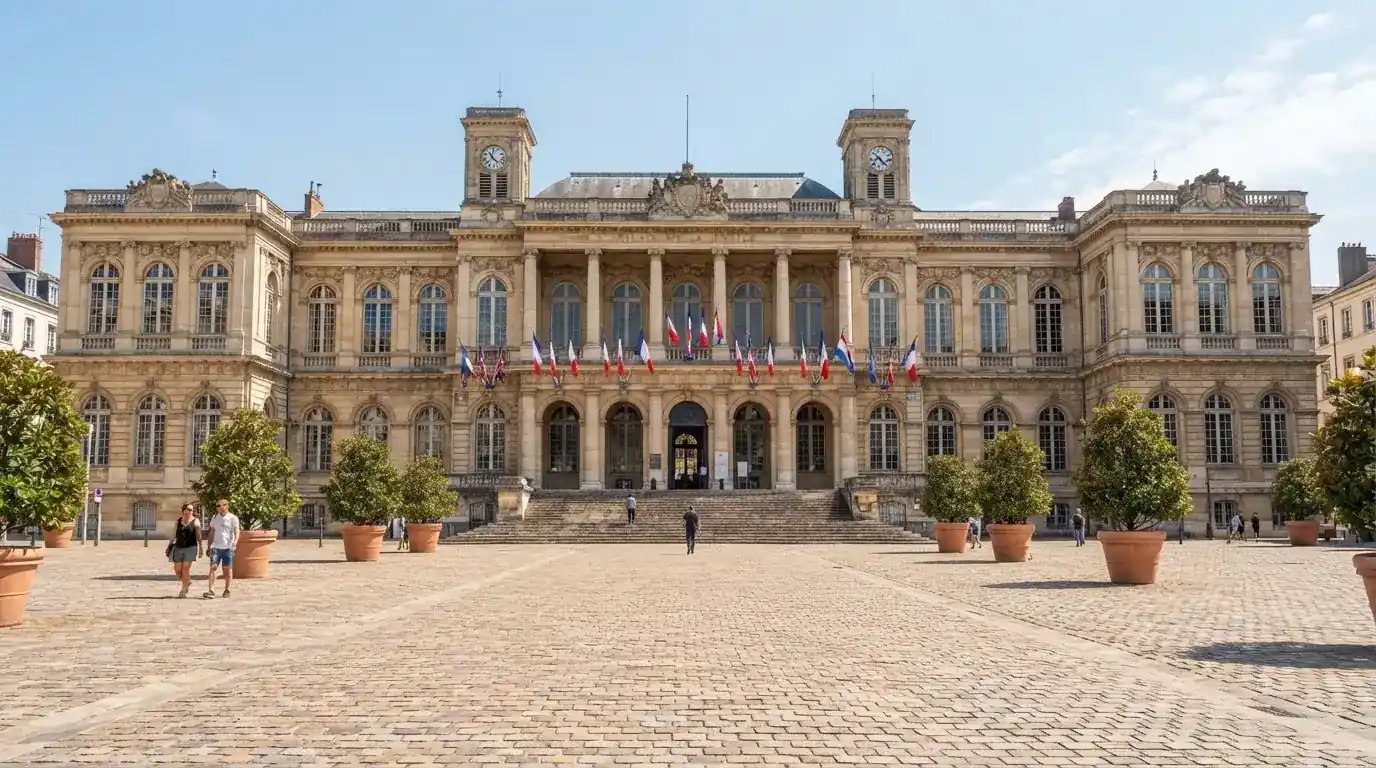 Historická úřední budova s vlajkami na slunečném náměstí — nejlepší mobilní online kasino česká republika