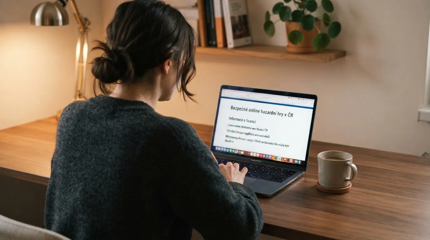 Člověk u notebooku čte informační stránku o online hazardu v Česku — nejlepší mobilní online kasino česká republika