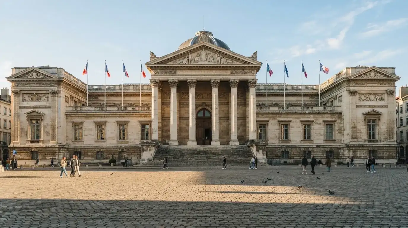 Historická úřední budova s vlajkami na slunečném náměstí — nejlepší online casino CZ