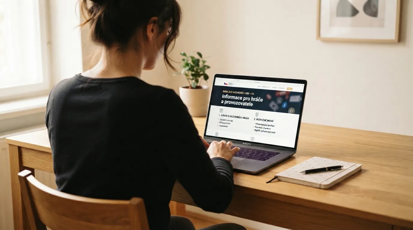 Člověk u notebooku čte informační stránku o online hazardu v Česku — nejlepší online casino CZ