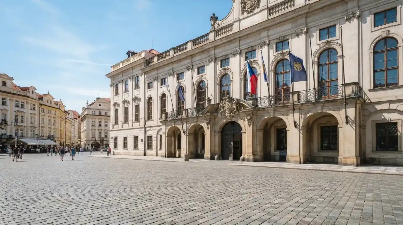 Historická úřední budova s vlajkami na slunečném náměstí — nejlepší online casino za peníze